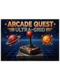 "Arcade Quest" yazılı, retro oyun makinesi ve galaksi temalı pano.