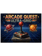 "Arcade Quest" yazılı, retro oyun makinesi ve galaksi temalı pano.