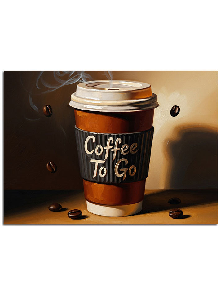 "Coffee To Go" yazılı, üzerinde kahve çekirdekleri olan bardak.