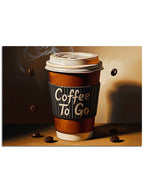 "Coffee To Go" yazılı, üzerinde kahve çekirdekleri olan bardak.