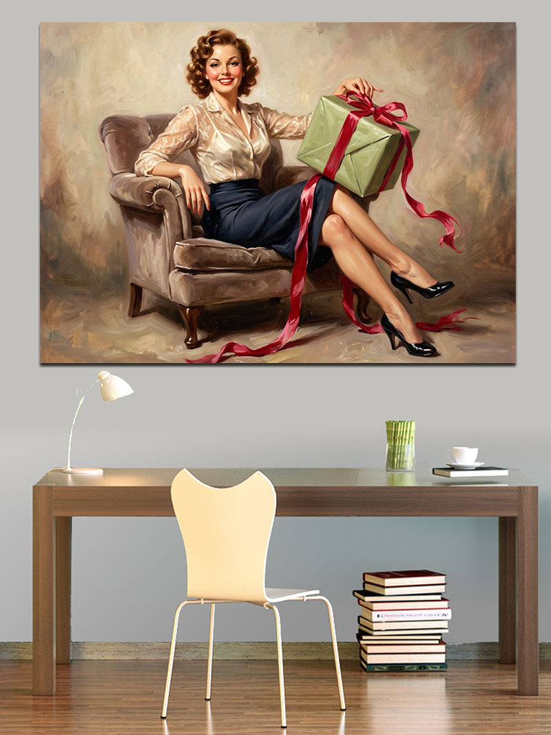 Hediye Paketi Tutan Pin-Up Kadın Kanvas Tablo