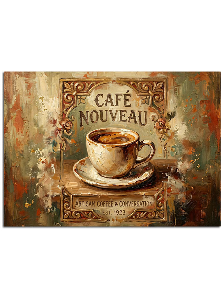 "Cafe Nouveau" yazılı, buharlı kahve fincanı olan pano.