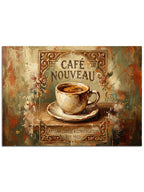 "Cafe Nouveau" yazılı, buharlı kahve fincanı olan pano.
