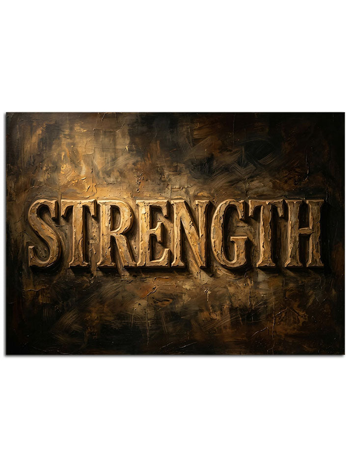 "Strength" yazılı, paslanmış metal dokulu ağır pano.