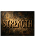 "Strength" yazılı, paslanmış metal dokulu ağır pano.