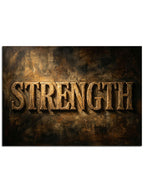 "Strength" yazılı, paslanmış metal dokulu ağır pano.