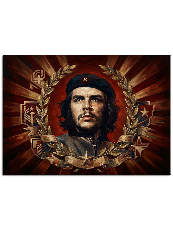 Devrimci lider Che'nin bayrak ve yıldızlar önündeki resmi.