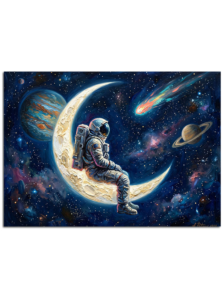 Bir hilalin ucuna oturmuş, uzayı izleyen astronot.