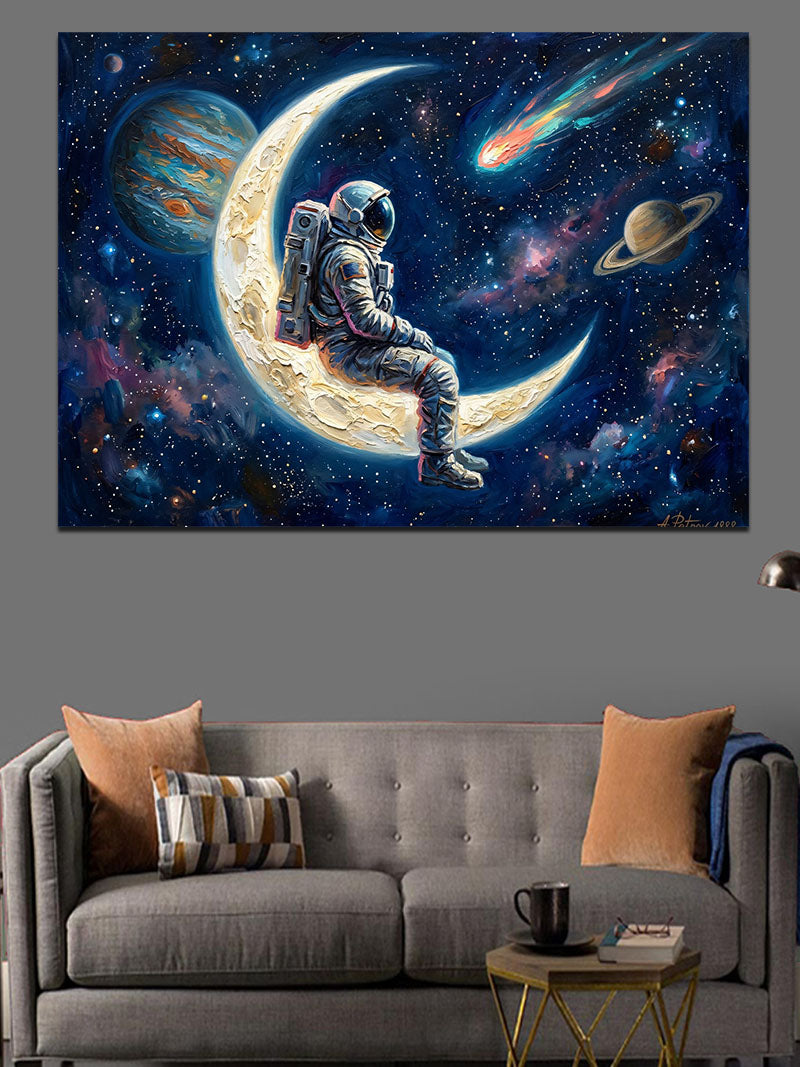 Ay Üzerinde Oturan Astronot Figürü Kanvas Tablo