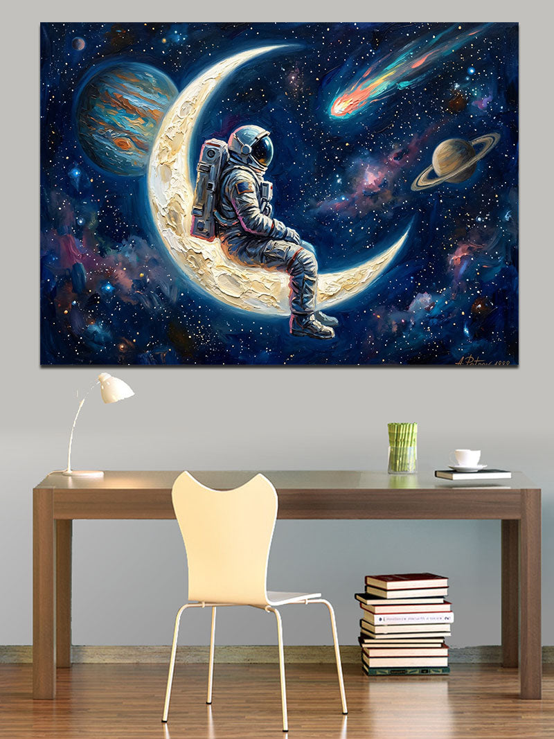 Ay Üzerinde Oturan Astronot Figürü Kanvas Tablo