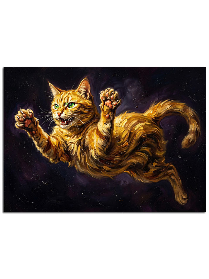Yıldız tozları arasında zıplayan parlayan bir kedi figürü.