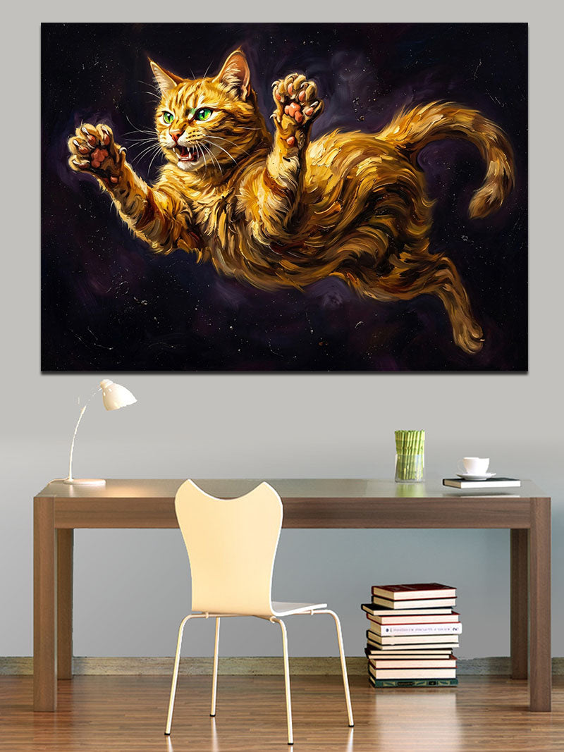 Galakside Koşan Altın Renkli Kedi Kanvas Tablo