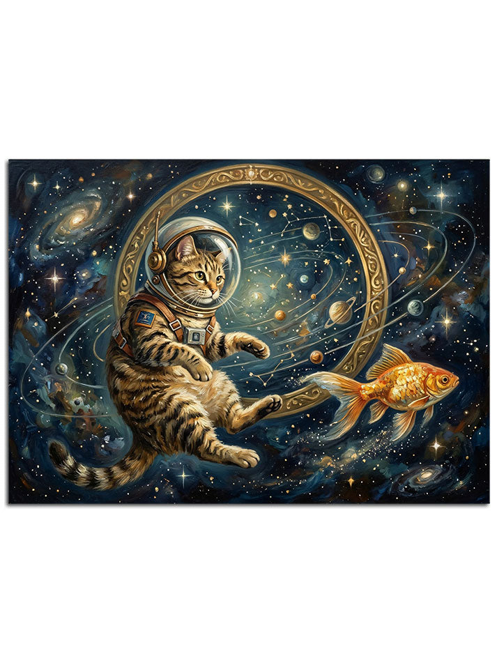 Bir fanusun içinden uzaydaki balıkları izleyen kedi.