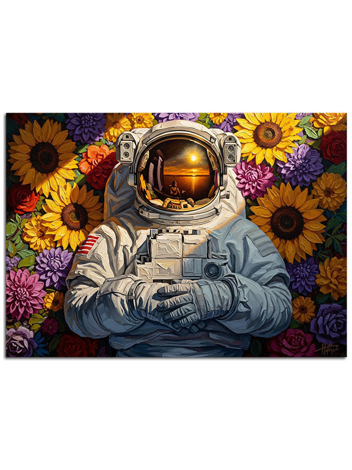 Kaskının etrafı sarı ayçiçekleriyle çevrelenmiş bir astronot.