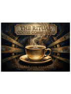 "The Ritual Coffee" yazılı, dumanı tüten altın kahve.