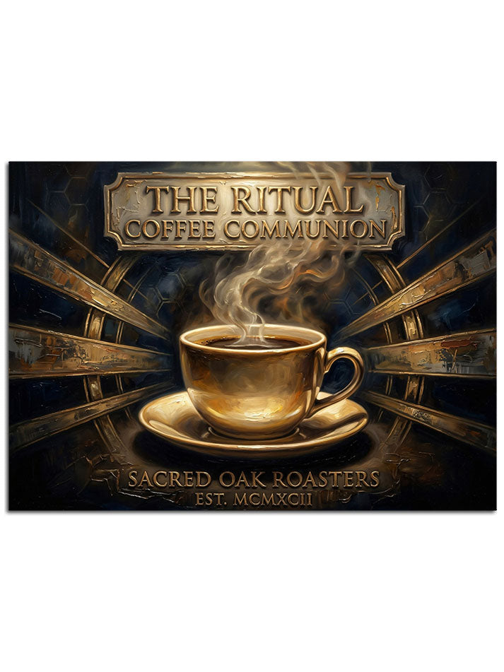 "The Ritual Coffee" yazılı, dumanı tüten altın kahve.