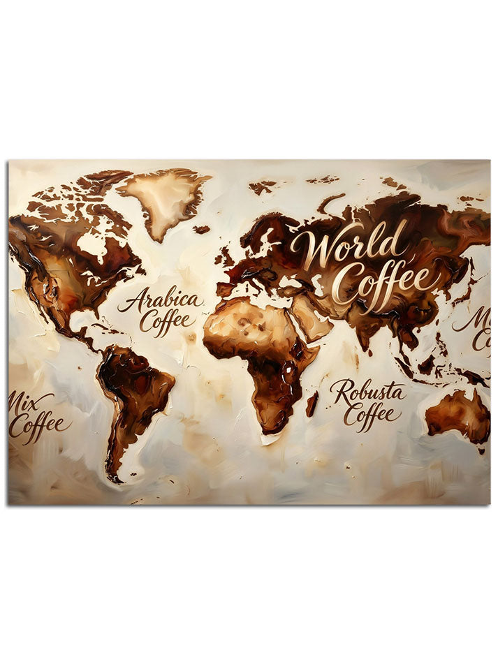 "World Of Coffee" yazılı, kahveli dünya haritası.