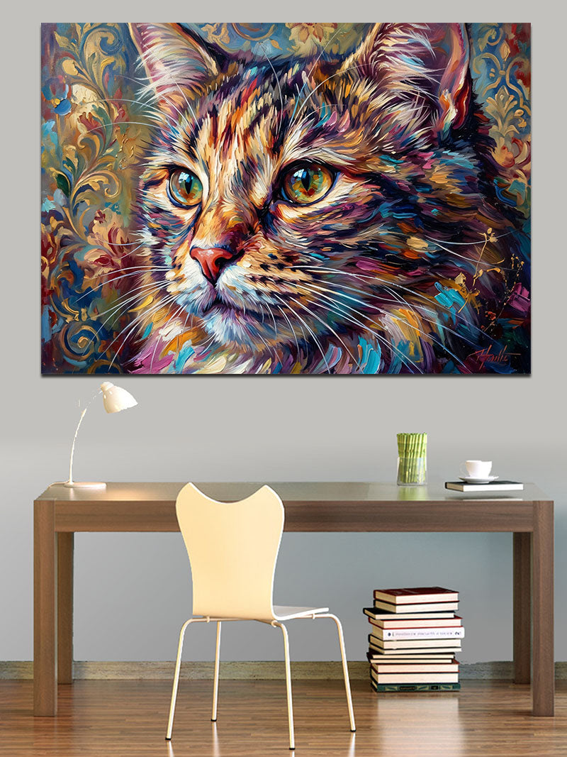 Renkli Boya Patlamalı Kedi Yüzü Kanvas Tablo