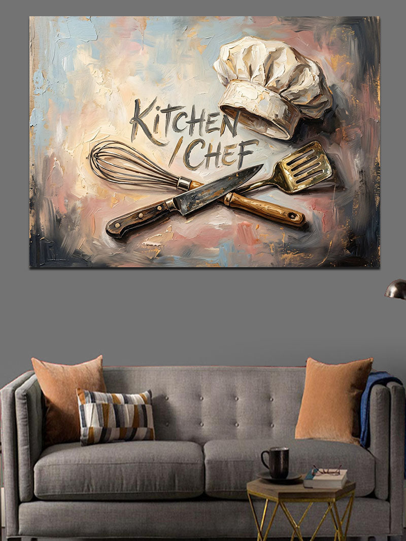 Kitchen Chef Şapkası Ve Bıçaklar Kanvas Tablo