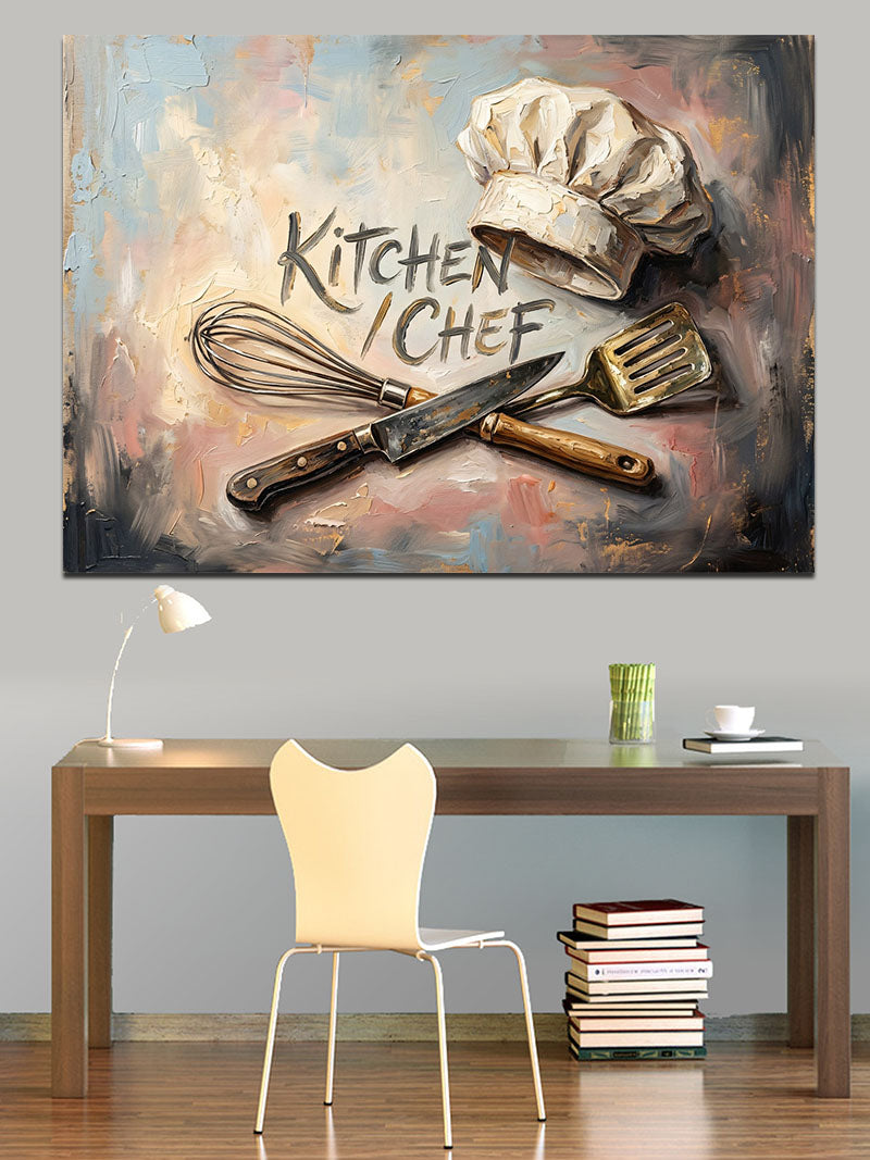 Kitchen Chef Şapkası Ve Bıçaklar Kanvas Tablo