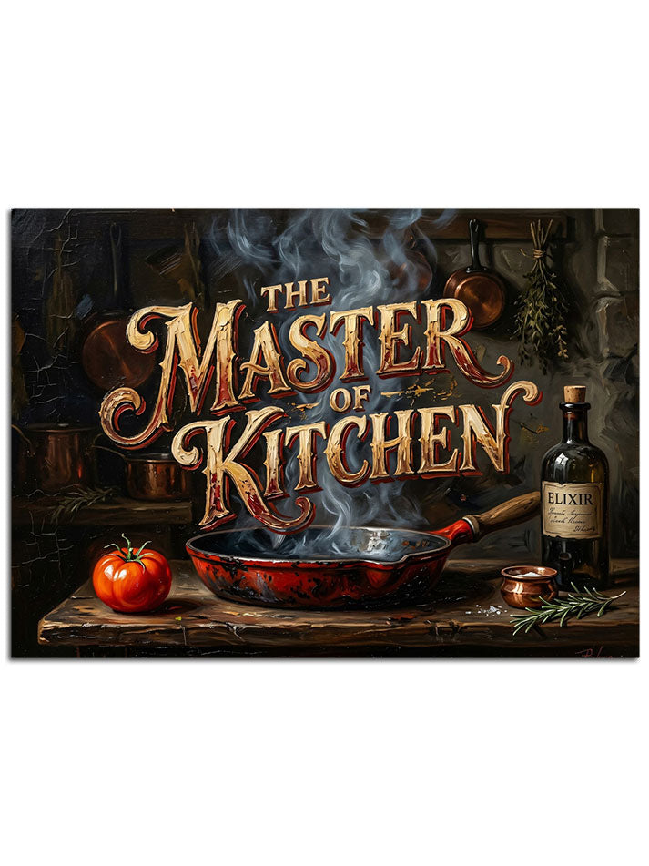 "The Master Of Kitchen" yazılı, dumanı üstünde tava.