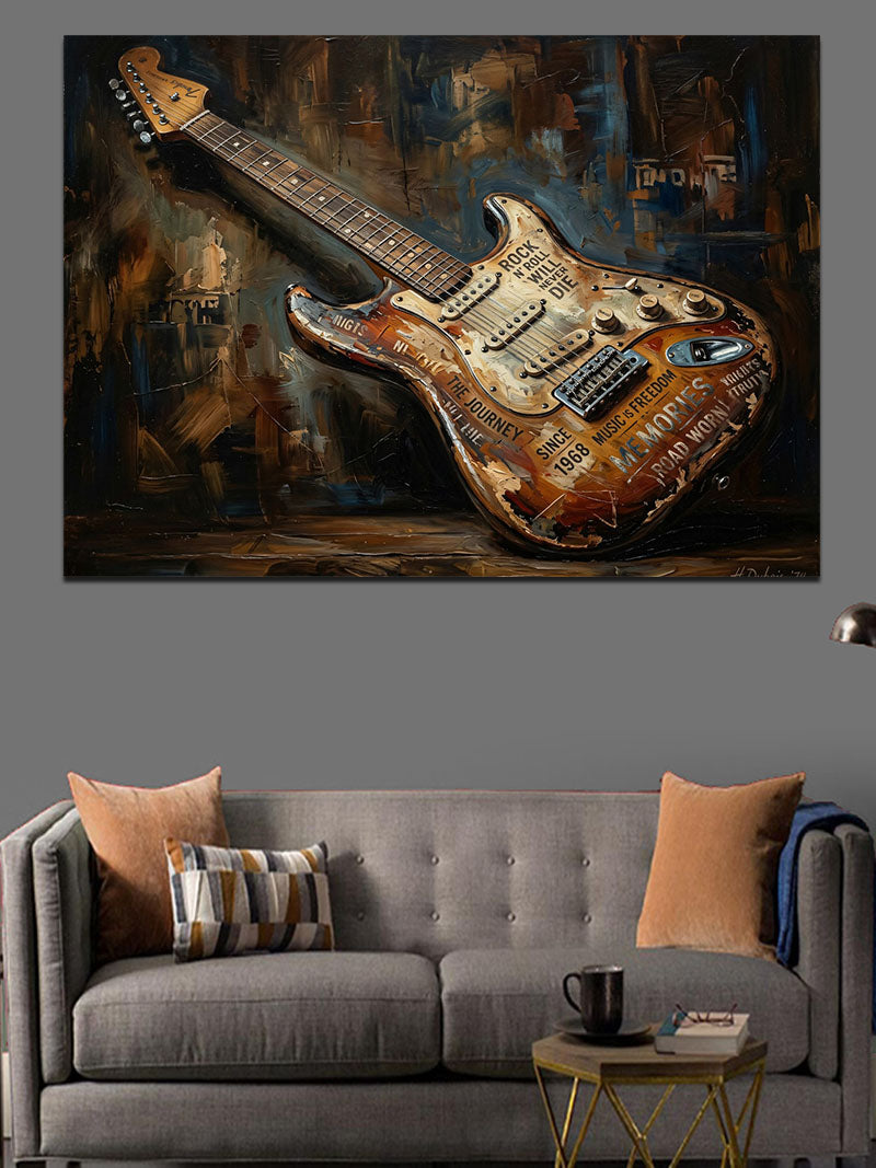 Eskitilmiş Zemin Üzerinde Elektro Gitar Kanvas Tablo