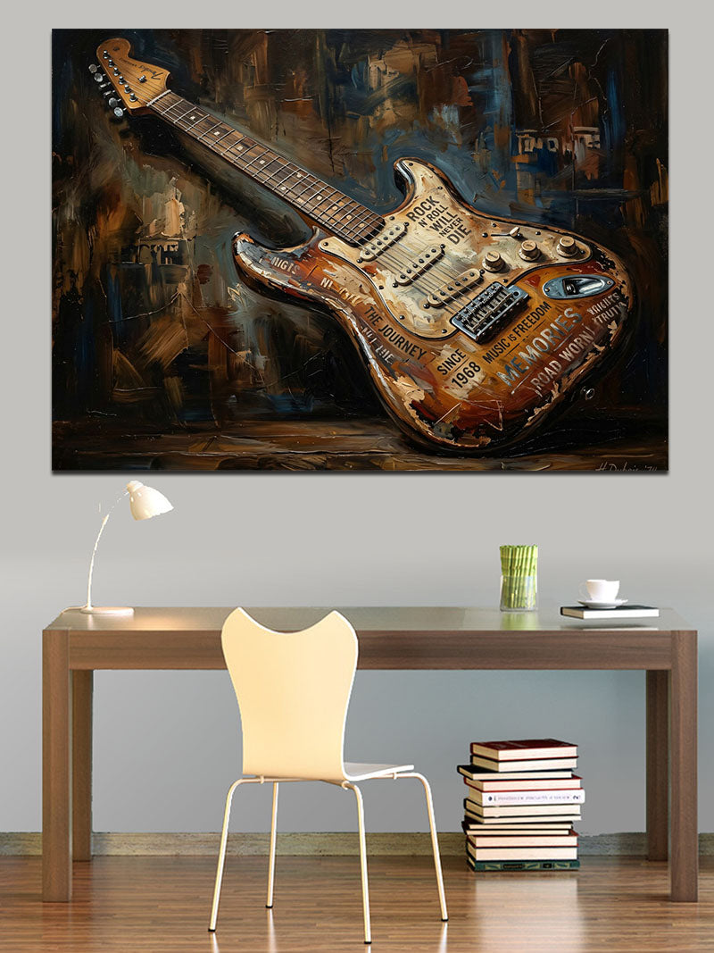 Eskitilmiş Zemin Üzerinde Elektro Gitar Kanvas Tablo