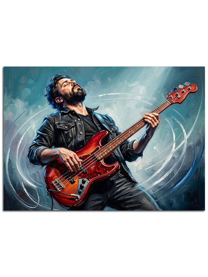 Sahne ışıkları altında tutkuyla elektro gitar çalan müzisyen.