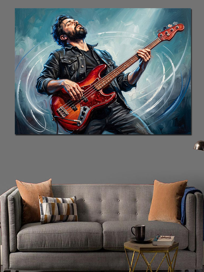 Gitar Çalan Rockçı Ve Ateş Kanvas Tablo