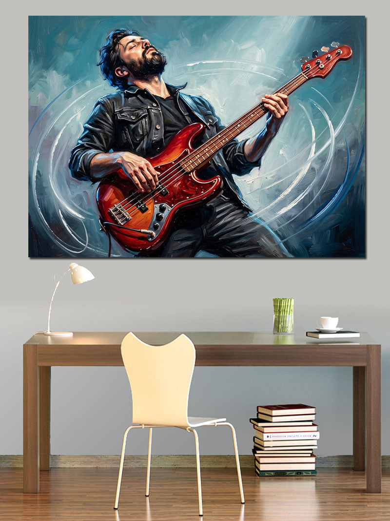 Gitar Çalan Rockçı Ve Ateş Kanvas Tablo