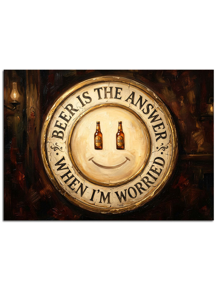 "Beer Is The Answer" yazılı gülen yüzlü nostaljik bira panosu.
