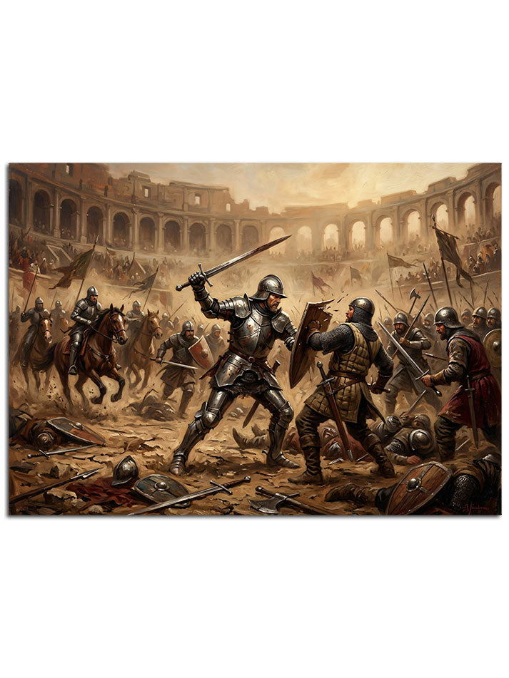 Antik Roma arenasında çarpışan zırhlı ve kılıçlı savaşçılar.