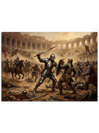 Antik Roma arenasında çarpışan zırhlı ve kılıçlı savaşçılar.