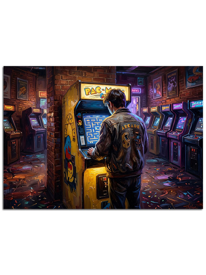 Işıklı atari makineleri arasında nostalji yaşayan oyuncu figürü.