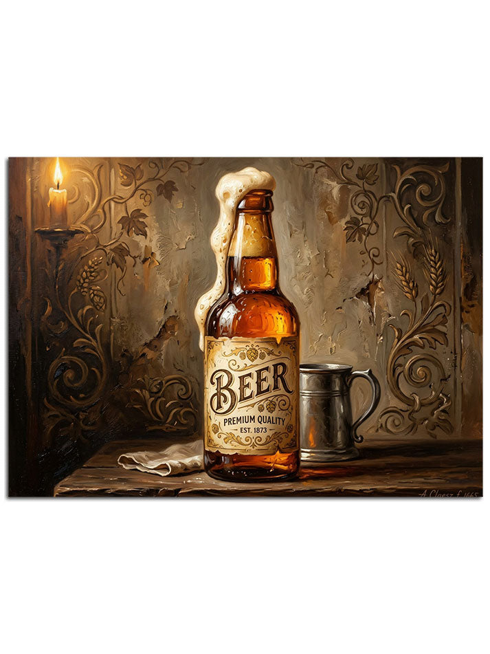 Klasik bira şişesi ve arkada "Beer" yazılı eskitme duvar.