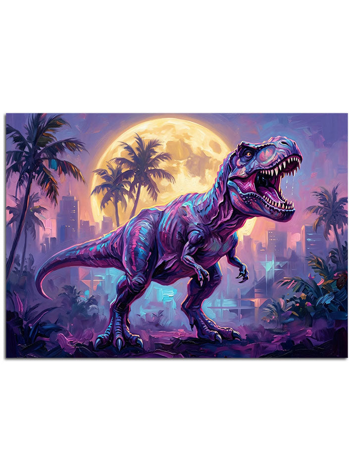 Yıldızlar ve galaksi arasında parlayan fantastik dinozor figürü.