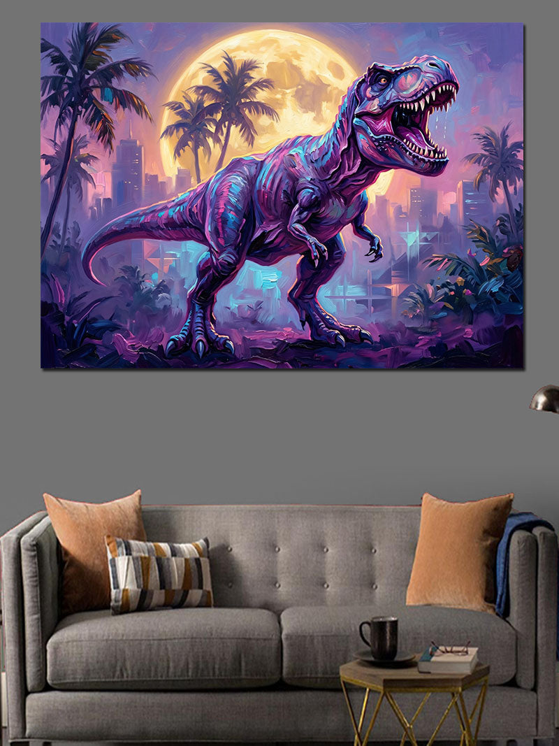 Uzayda Koşan Mor Dinozor T-Rex Kanvas Tablo