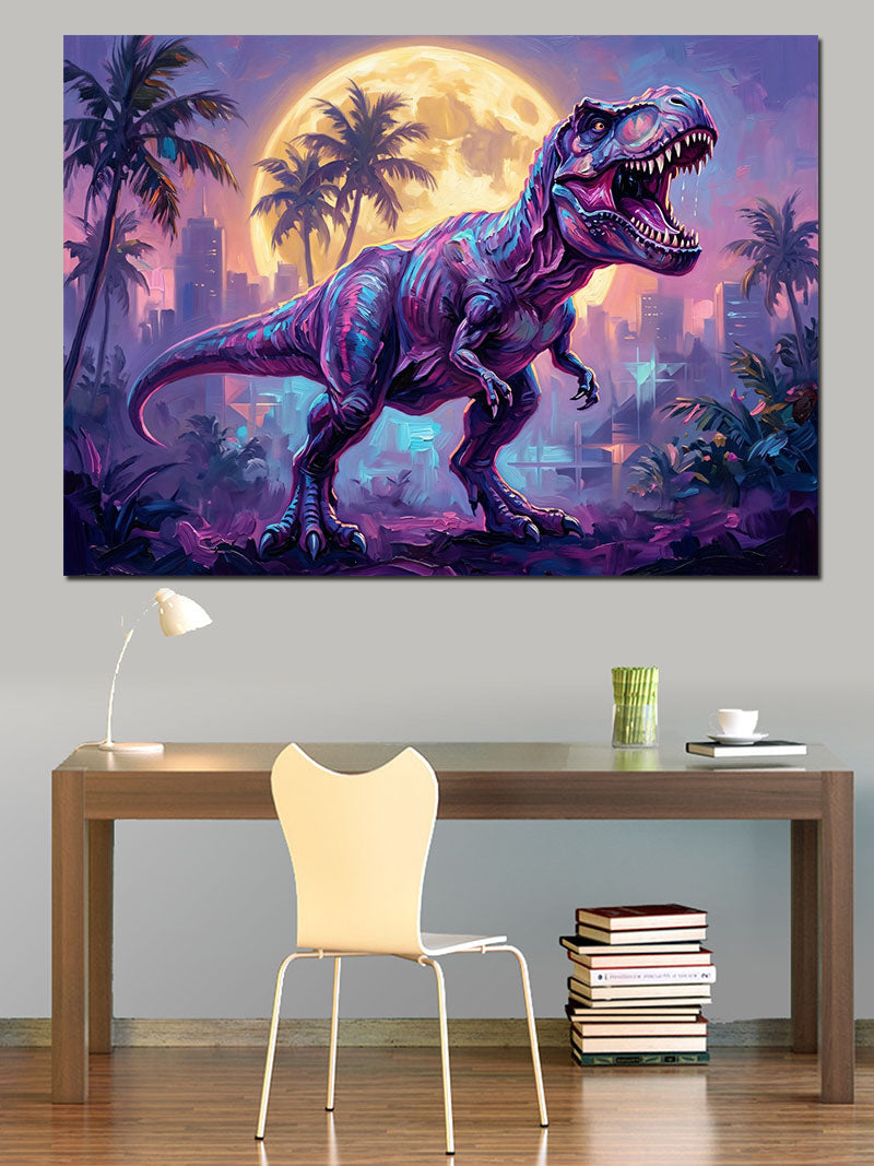 Uzayda Koşan Mor Dinozor T-Rex Kanvas Tablo