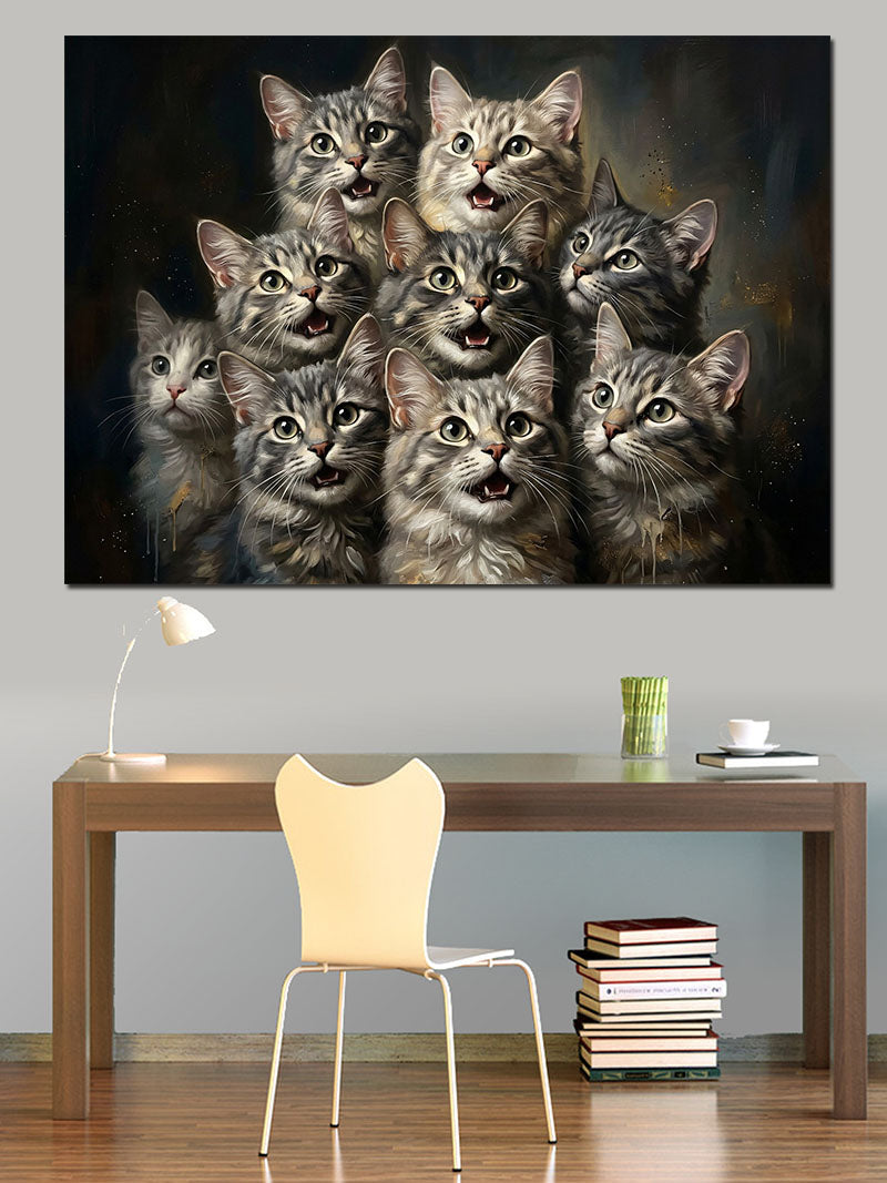 Bir Arada Duran Kedi Ailesi Kanvas Tablo