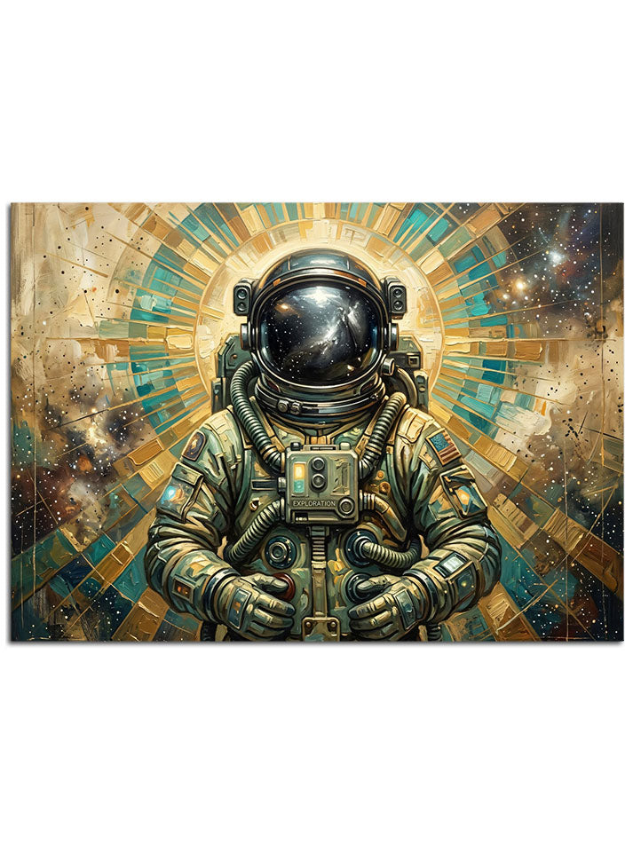 Yıldızlar ve enerji bulutları arasında süzülen astronot figürü.