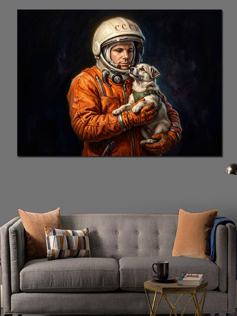 Kucağında Yavru Köpekli Astronot Çocuk Kanvas Tablo