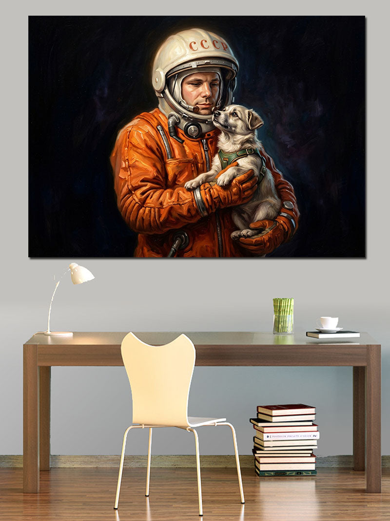 Kucağında Yavru Köpekli Astronot Çocuk Kanvas Tablo
