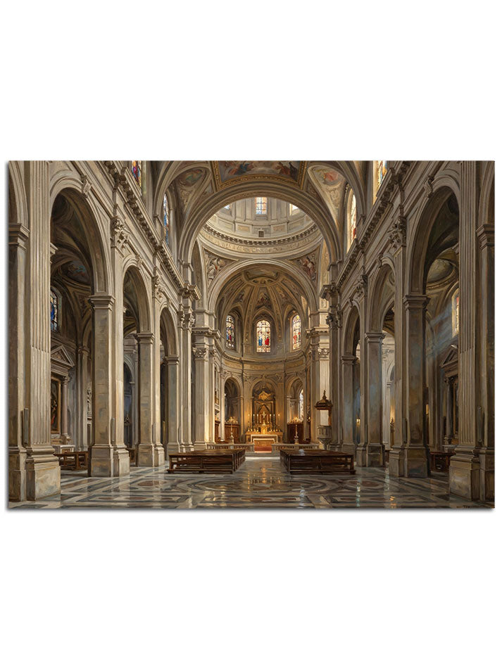 Yüksek tavanlı ve görkemli sütunlara sahip antik katedral iç mekanı.