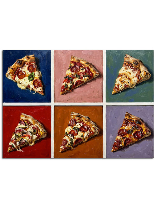 Farklı malzemelerle hazırlanmış pizza dilimlerinin bir arada olduğu tablo.