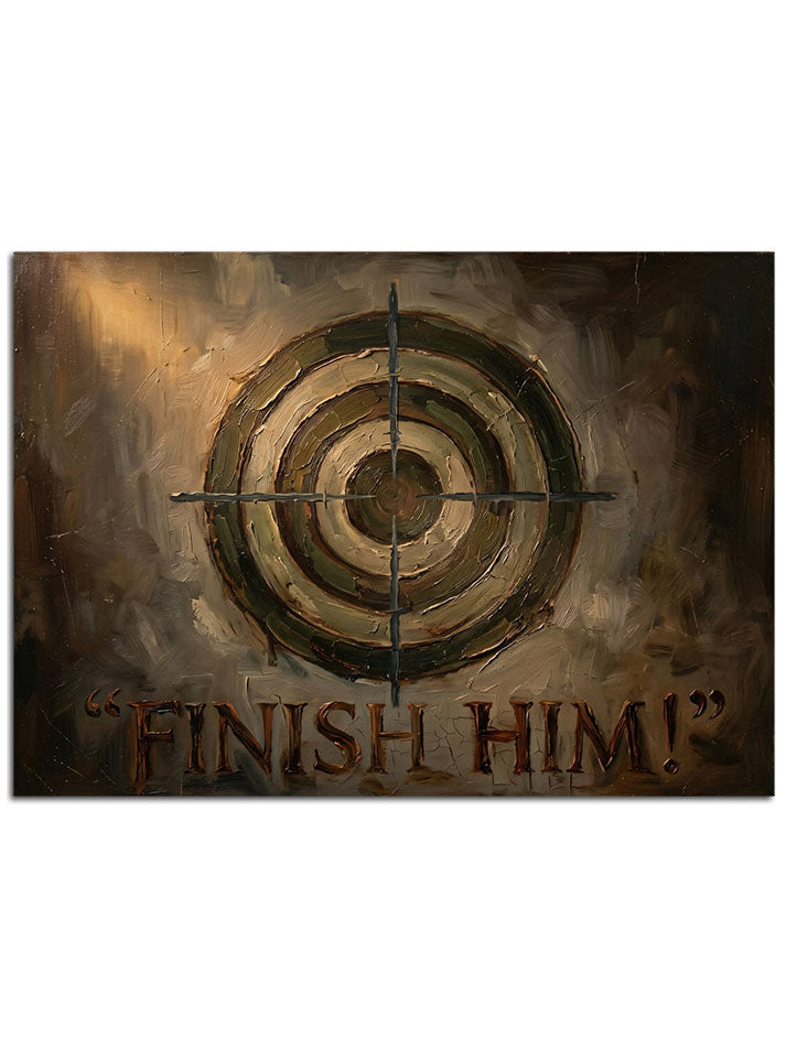 Oyun dünyasından esinlenen "Finish Him" yazılı nişangah tablosu.