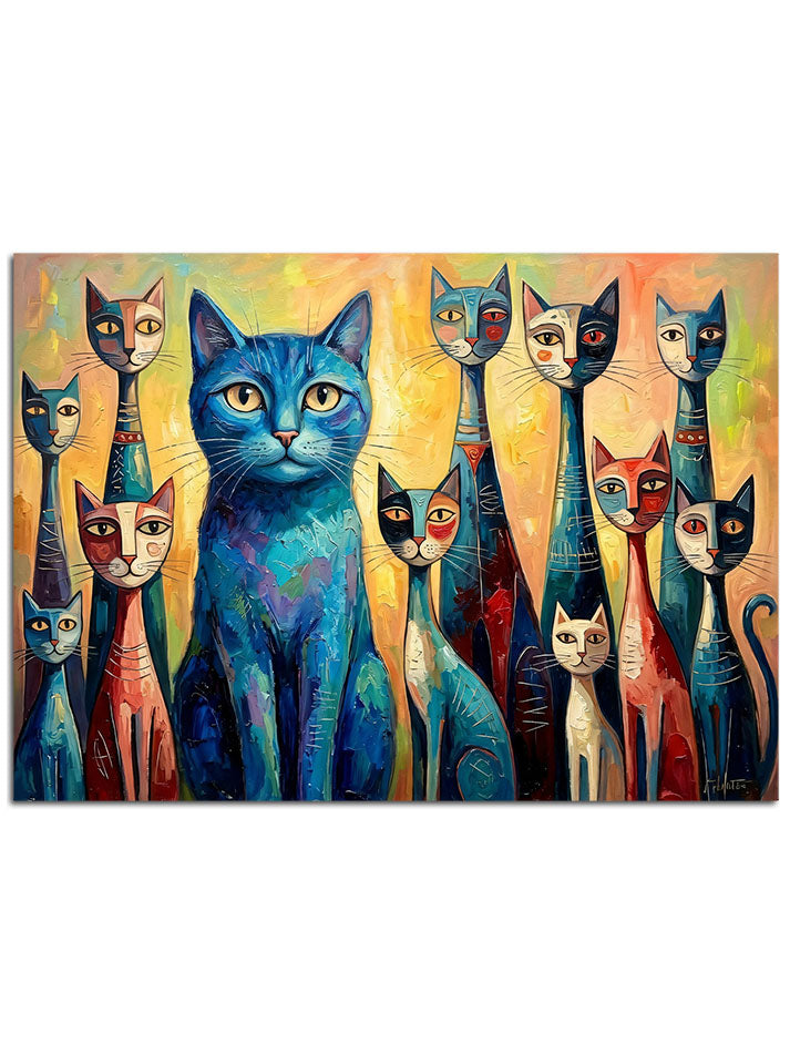 Modern ve geometrik çizgilerle resmedilmiş renkli kedi ailesi.