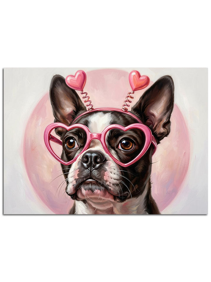 Pembe kalpli gözlük takmış sempatik bir Boston Terrier.