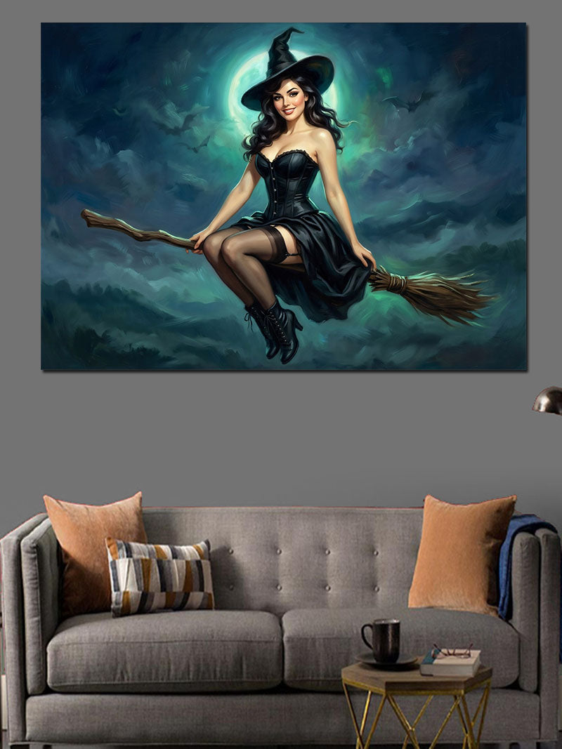 Süpürgesiyle Uçan Modern Cadı Tablosu Kanvas Tablo