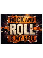 Metalik doku üzerinde "Rock And Roll Is My Soul" yazılı pano.