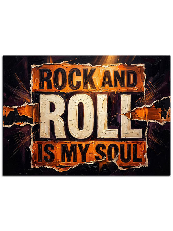 Metalik doku üzerinde "Rock And Roll Is My Soul" yazılı pano.